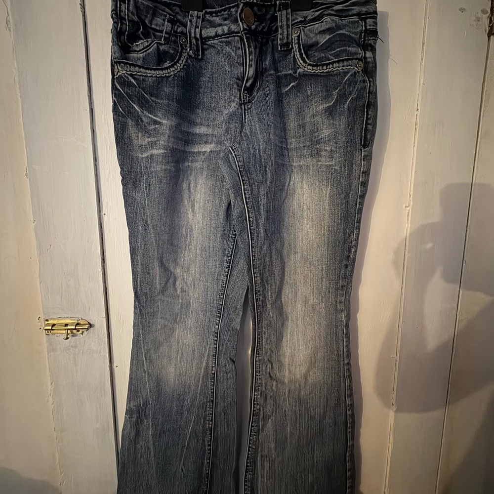 Blue Flare Wide Leg Jeans with Natural Fading